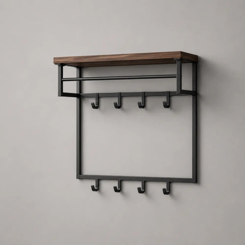Porte-manteau mural 80 x 20 x 60 cm en acier noir avec étagère MDF effet bois marron