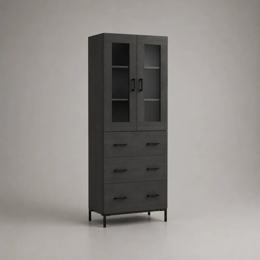 Buffet haut 80 x 40 x 180 cm en MDF noir avec portes vitrées tiroirs et étagères