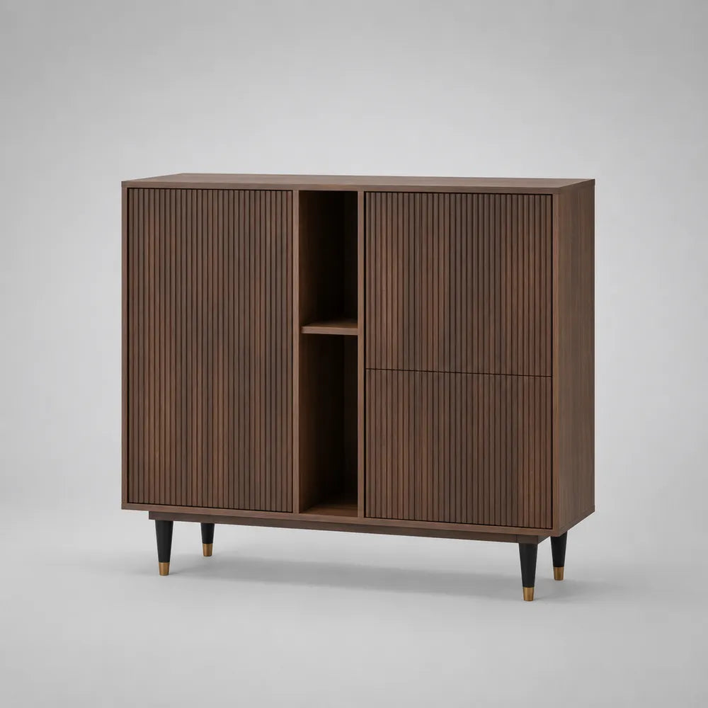 Buffet 160x40x90 cm en MDF effet noyer avec portes rainurées et pieds en acier noir