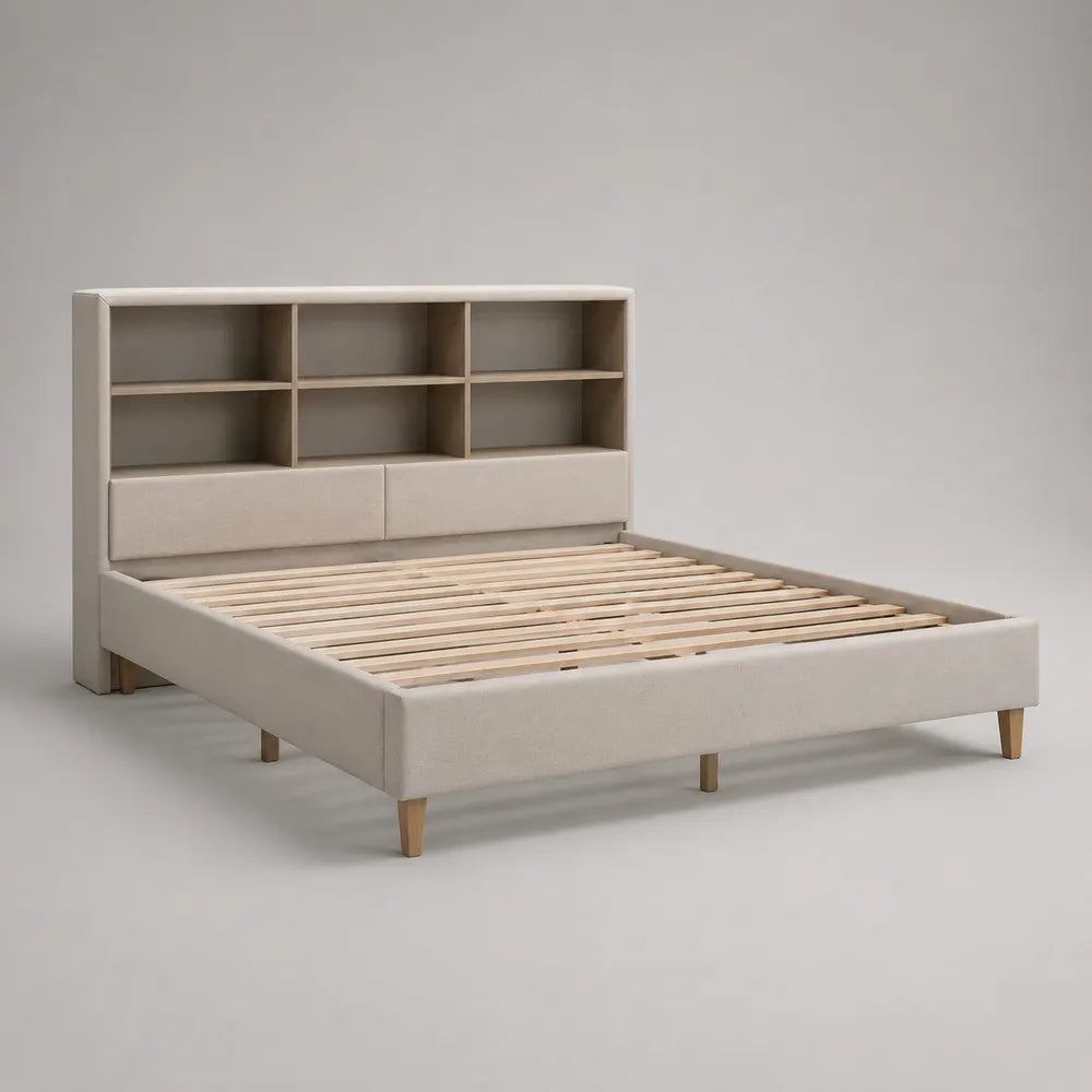 Lit double 160 x 200 cm avec tête de lit bibliothèque rembourrée en tissu polyester blanc et pieds en bois naturel