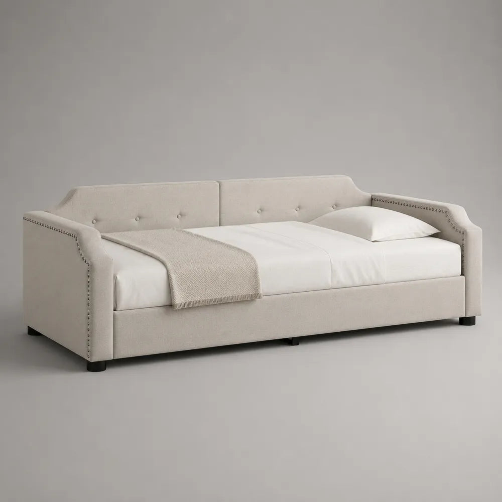 Lit banquette double 160 x 200 cm tissu beige rectangulaire avec dossier rembourré et accoudoirs