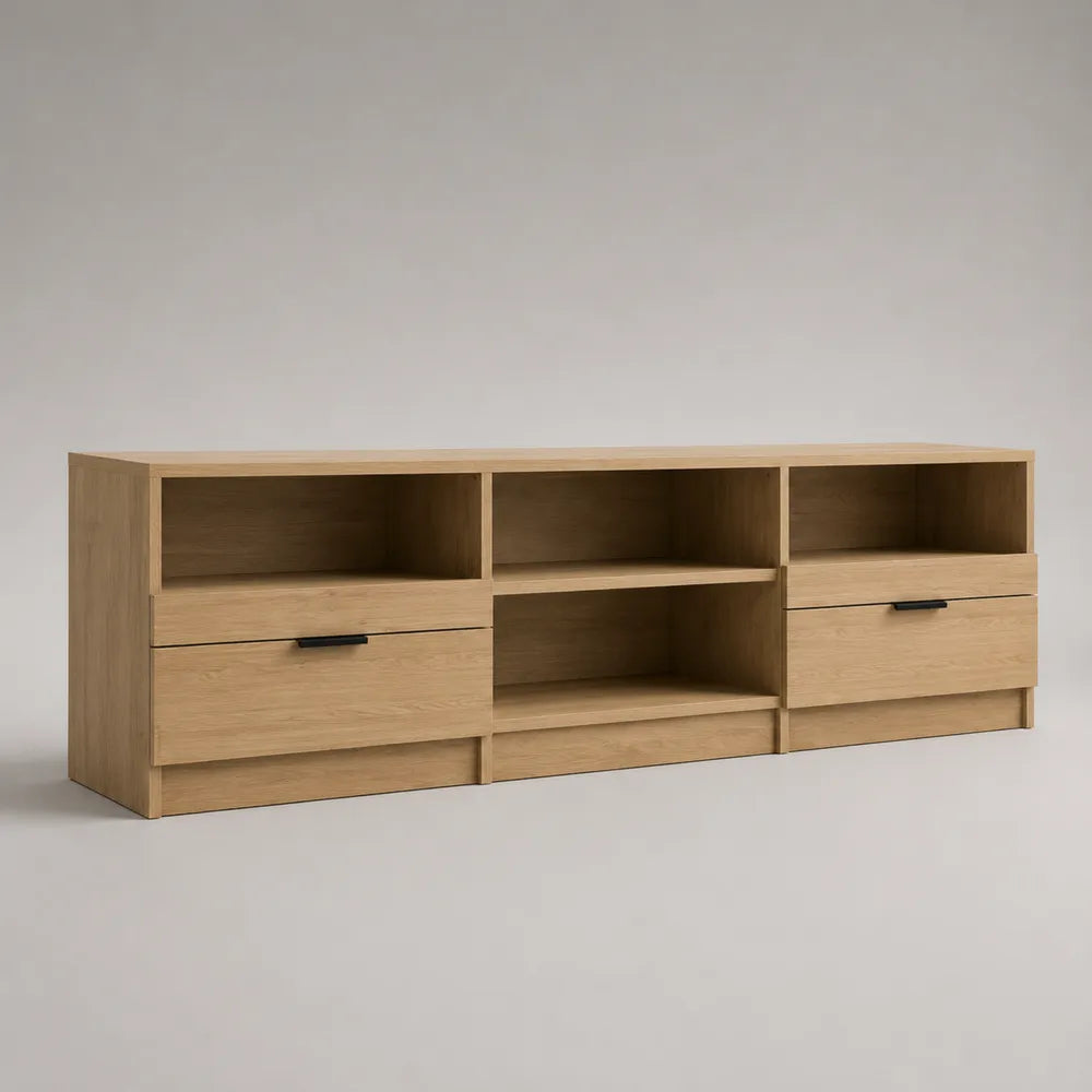 Meuble TV 200x40x50 cm avec tiroirs et étagères ouvertes en panneau de particules effet chêne rectangulaire