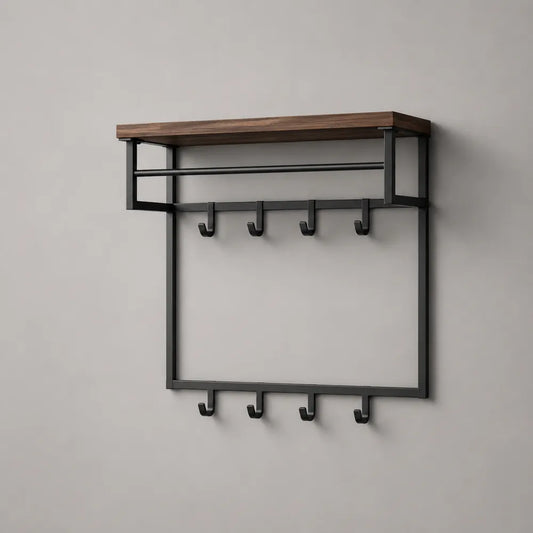Porte-manteau mural 80 x 20 x 60 cm en acier noir avec étagère MDF effet bois marron