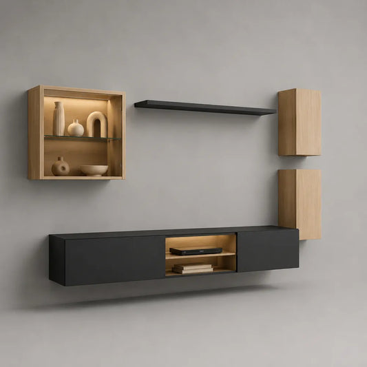 Meuble TV mural 240x35x180 cm MDF noir et effet chêne naturel avec rangements suspendus