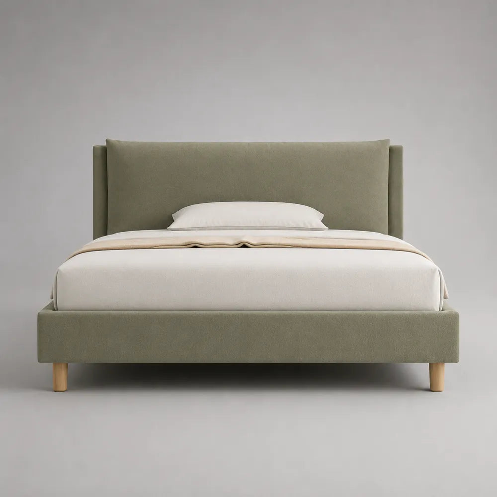 Lit double 160 x 200 cm avec tête de lit rembourrée en tissu polyester vert et pieds en bois naturel