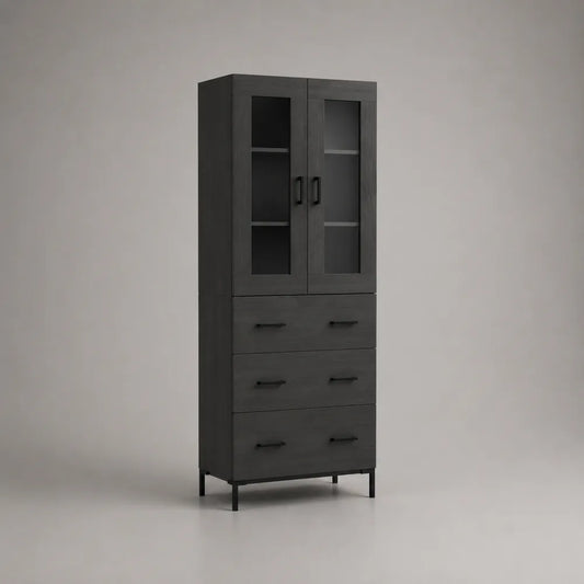 Buffet haut 80 x 40 x 180 cm en MDF noir avec portes vitrées tiroirs et étagères