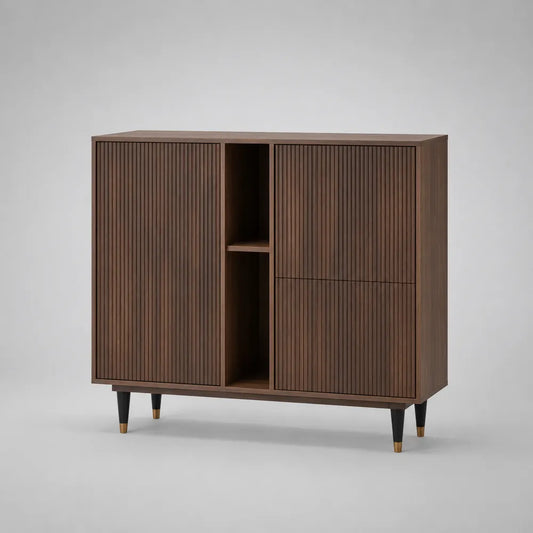 Buffet 160x40x90 cm en MDF effet noyer avec portes rainurées et pieds en acier noir