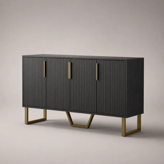 Buffet 180x40x80 cm en MDF noir avec portes rainurées et pieds en acier doré