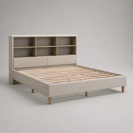 Lit double 160 x 200 cm avec tête de lit bibliothèque rembourrée en tissu polyester blanc et pieds en bois naturel
