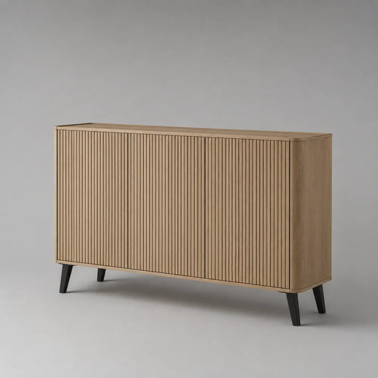 Buffet 180x40x80 cm en MDF effet bois beige avec portes rainurées et pieds en acier noir