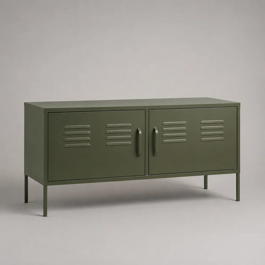 Meuble TV 160 x 40 x 55 cm acier vert rectangulaire avec portes battantes et poignées