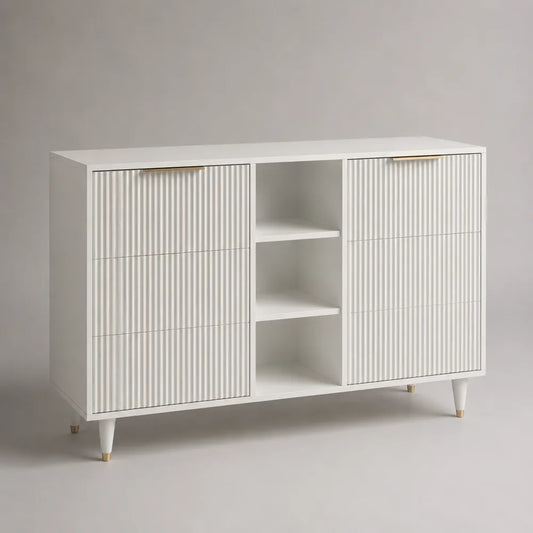 Buffet 180x40x85 cm en MDF blanc avec portes rainurées et pieds en acier blanc doré