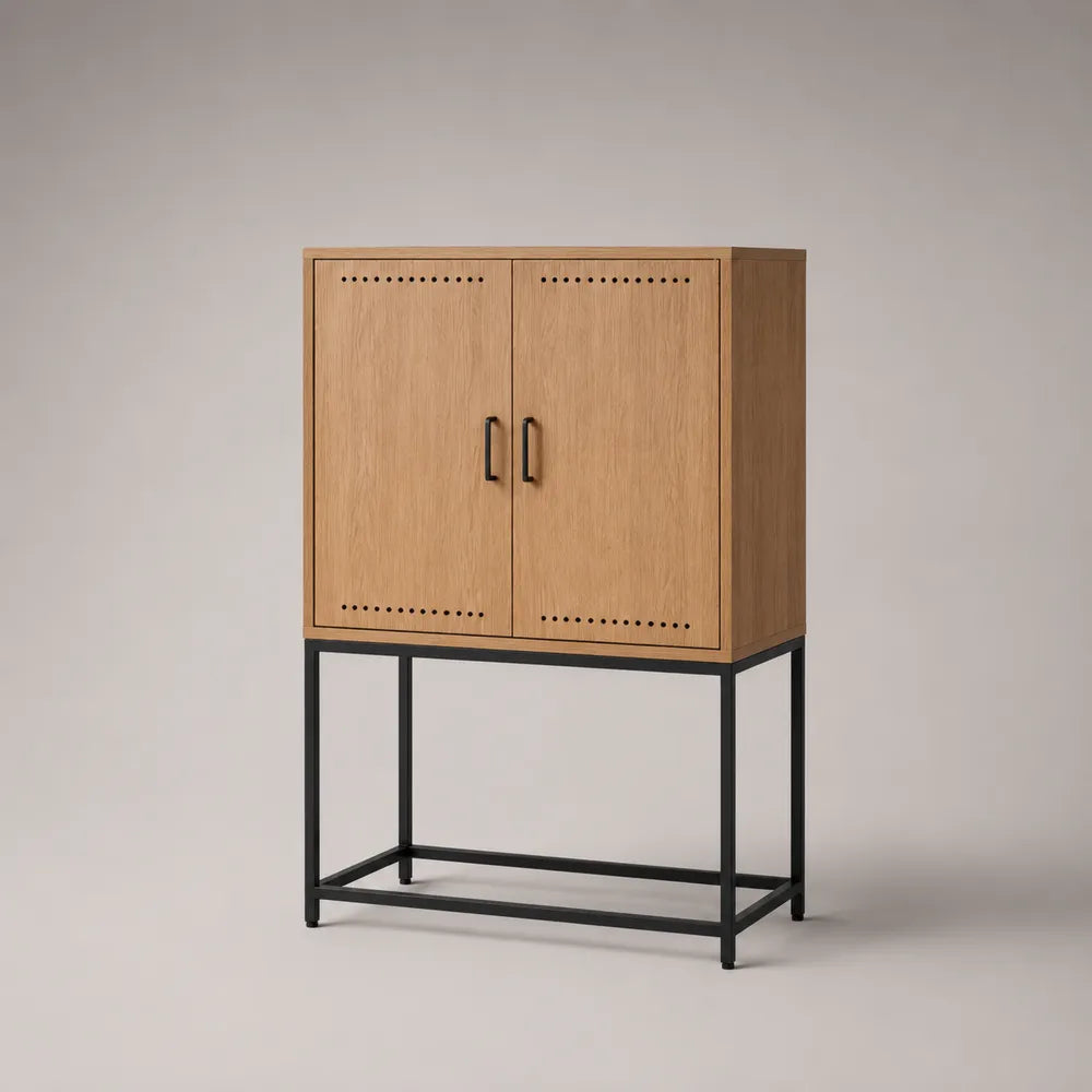 Buffet haut de salle à manger 100 x 40 x 140 cm en MDF effet chêne clair et acier noir rectangulaire avec portes