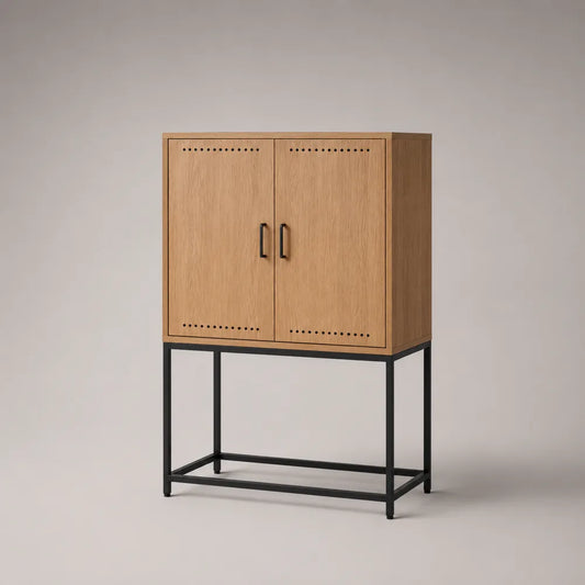 Buffet haut de salle à manger 100 x 40 x 140 cm en MDF effet chêne clair et acier noir rectangulaire avec portes
