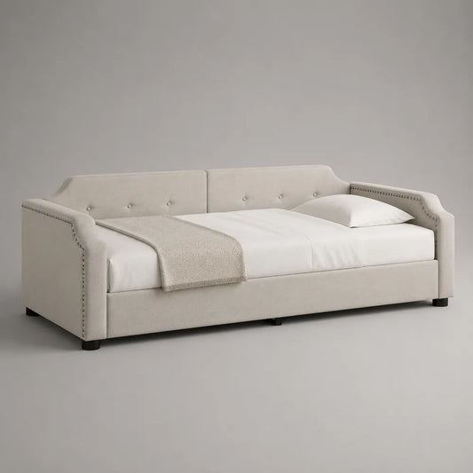 Lit banquette double 160 x 200 cm tissu beige rectangulaire avec dossier rembourré et accoudoirs