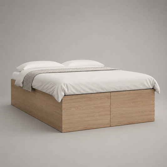 Lit coffre double 140 x 190 cm panneaux MDF effet chêne clair rectangulaire beige bois