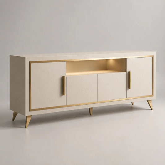 Buffet bas 4 portes en MDF blanc cassé avec détails dorés rectangulaire 200 x 40 x 75 cm