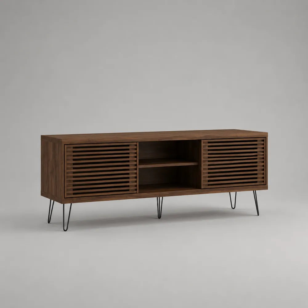 Meuble TV 180 x 40 x 55 cm en MDF effet noyer avec portes ajourées et pieds en acier noir