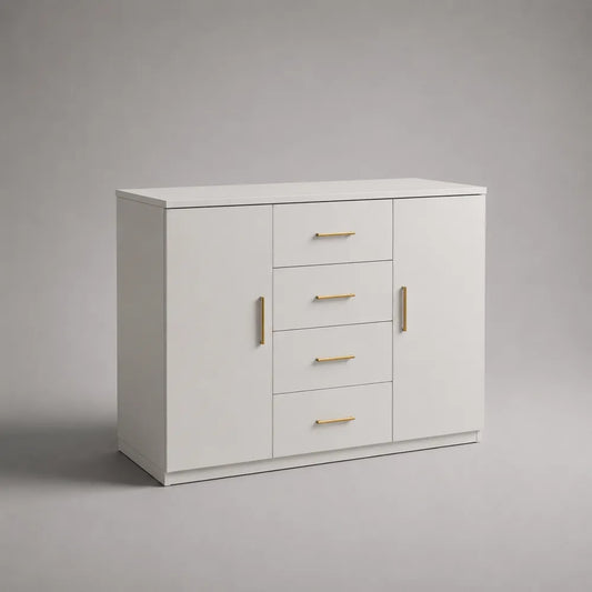Buffet 160x40x85 cm en MDF blanc avec 2 portes et 4 tiroirs poignées dorées