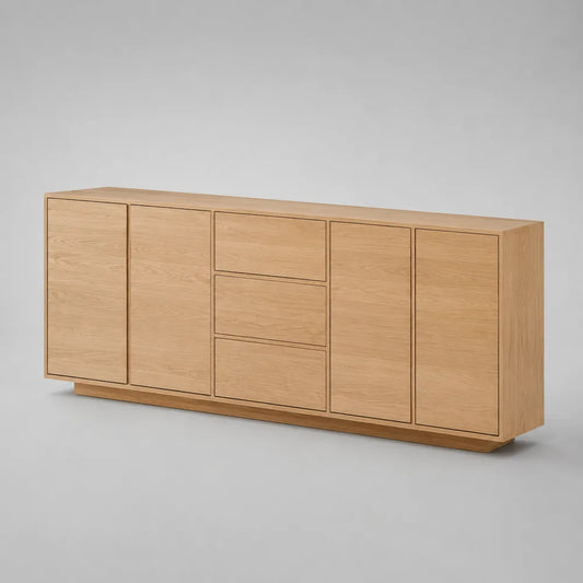 Buffet bas 220 x 45 x 75 cm en panneau mélaminé effet chêne clair rectangulaire avec portes et tiroirs