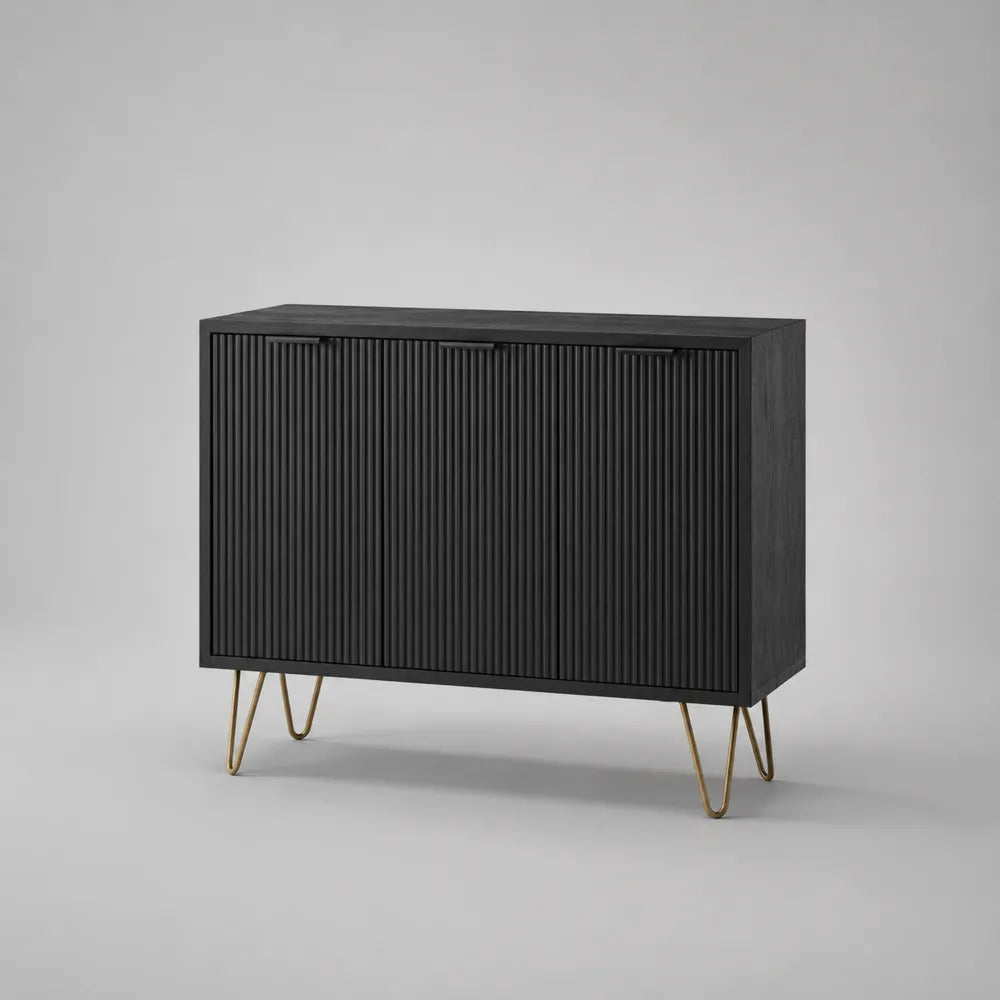 Buffet bas 160 x 40 x 75 cm en MDF noir rectangulaire 2 portes avec pieds dorés en métal