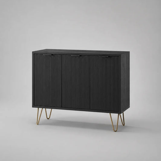 Buffet bas 160 x 40 x 75 cm en MDF noir rectangulaire 2 portes avec pieds dorés en métal