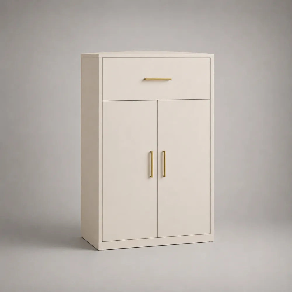 Buffet haut 100 x 40 x 120 cm en panneau mélaminé blanc rectangulaire avec portes et tiroir poignée dorée