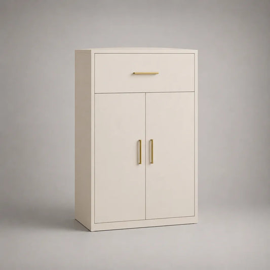 Buffet haut 100 x 40 x 120 cm en panneau mélaminé blanc rectangulaire avec portes et tiroir poignée dorée