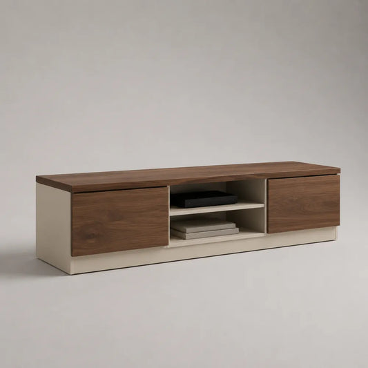 Meuble TV 180 x 40 x 45 cm MDF noyer beige rectangulaire avec portes et niche ouverte