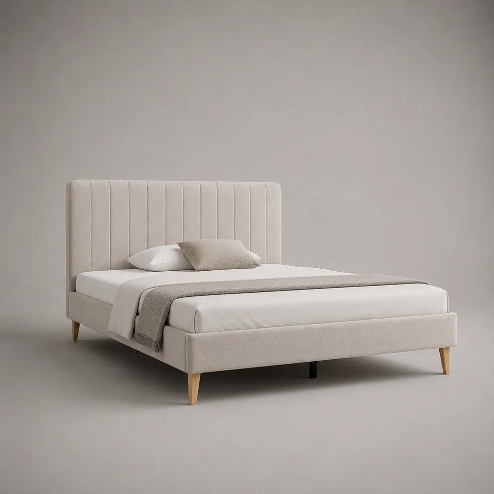 Lit double 180x200 cm polyester beige cadre rembourré rectangulaire avec tête de lit capitonnée
