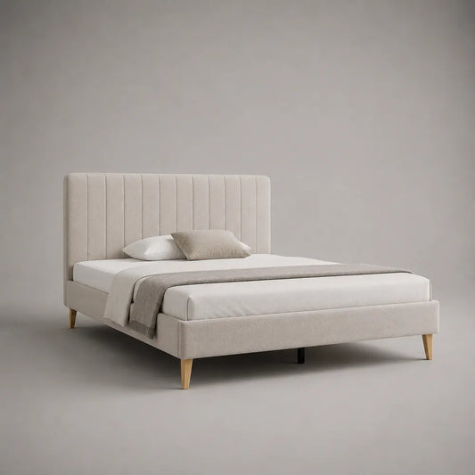 Lit double 180x200 cm polyester beige cadre rembourré rectangulaire avec tête de lit capitonnée