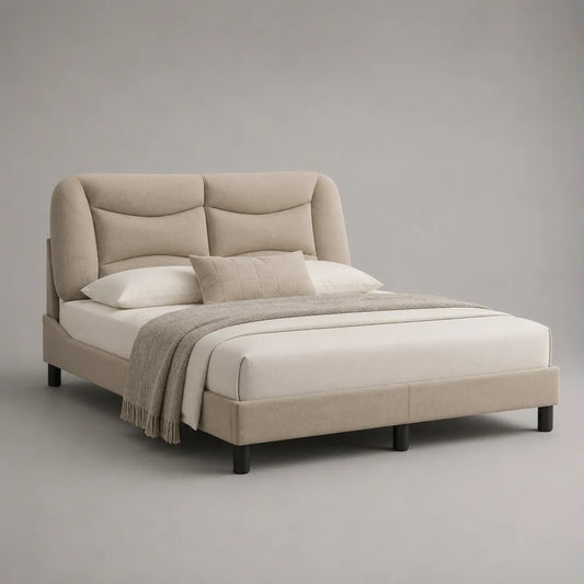 Lit double 160 x 200 cm tissu beige rectangulaire avec tête de lit rembourrée et pieds acier noir
