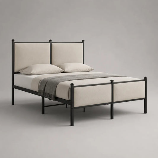 Lit double 160x200 cm acier noir polyester beige cadre rectangulaire avec tête de lit rembourrée