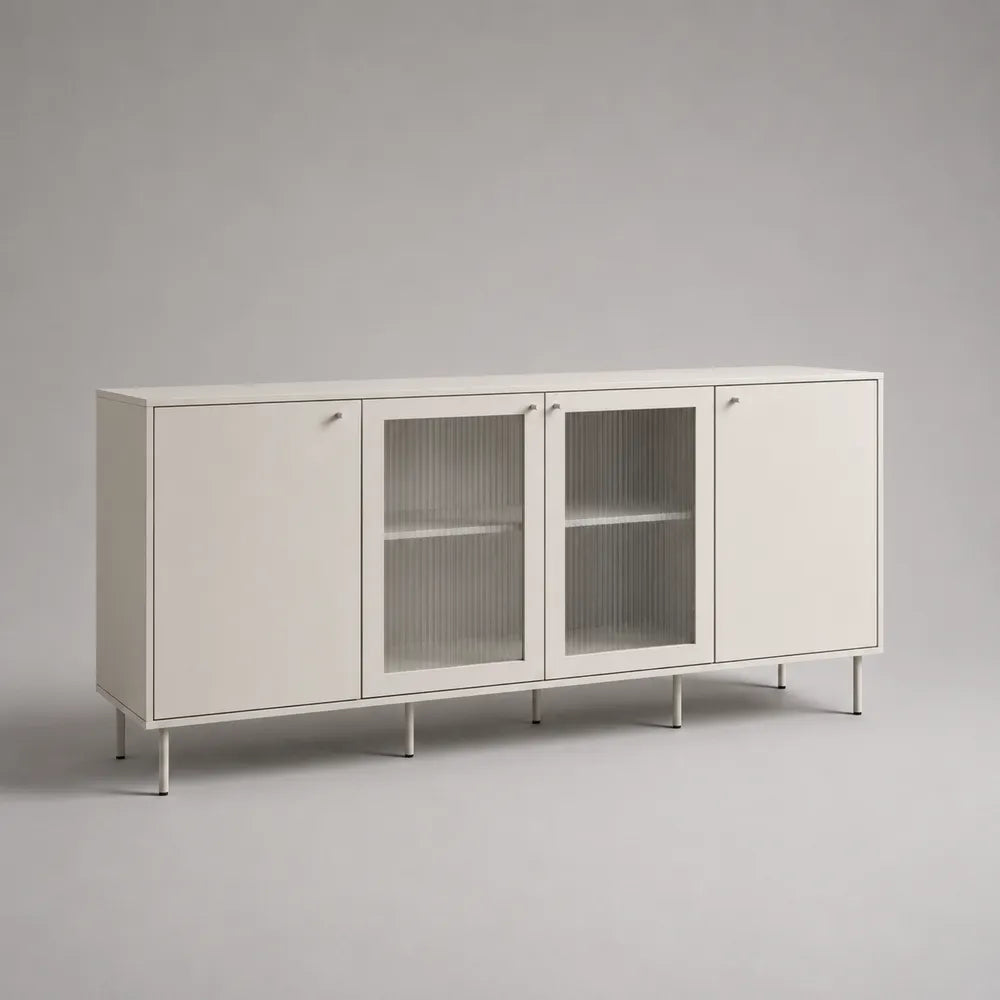 Buffet de salle à manger 180 x 40 x 75 cm en MDF blanc rectangulaire avec portes vitrées cannelées et pieds en acier