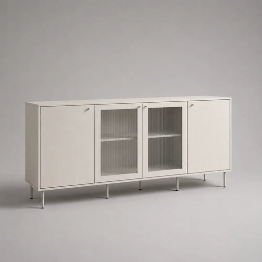 Buffet de salle à manger 180 x 40 x 75 cm en MDF blanc rectangulaire avec portes vitrées cannelées et pieds en acier