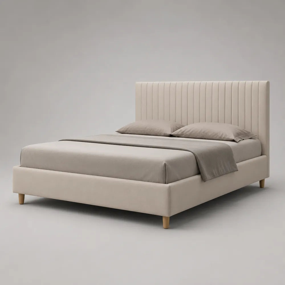 Lit double 180x200 cm polyester beige cadre rembourré rectangulaire avec tête de lit capitonnée