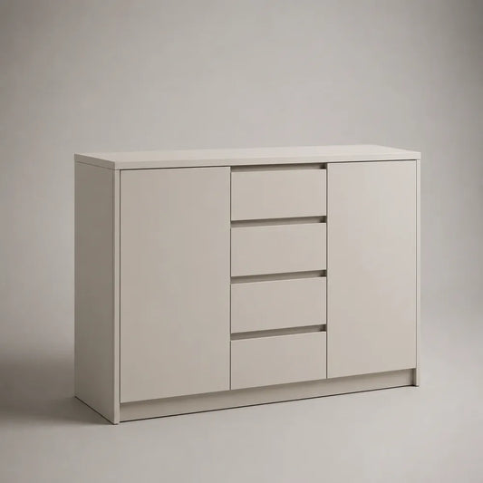 Buffet bas 160 x 40 x 80 cm en MDF blanc rectangulaire avec 2 portes et 4 tiroirs